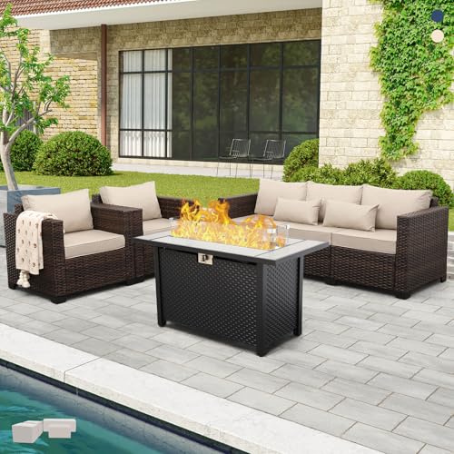 Oasishine 4 Pieces Outdoor Patio Furniture Set 43 in Outdoor Fire Pits Wicker Outdoor Furniture Chairs and Sofa 60000 BTU Outdoor Propane Fire Pit Table Non-Slip Cushions and Waterproof Covers, Khaki