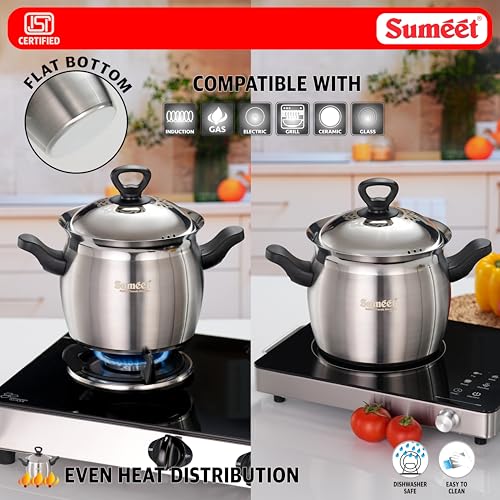 Image of Sumeet ISI Certified Stainless Steel Cook & Serve Pineapple Shape Handi /Cooking Pot with Steel Lid |Induction and Gas Compatible | Capacity - 4000ml -Dia - 20cm, Silver
