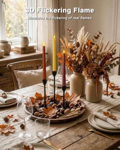 Image of Homemory Real Wax Flameless Taper Candles, 9.6 Inch Warm Fall Colors Battery Operated LED Candlesticks 6 Pcs with Remote Timer for Harvest Thanksgiving Daily Decor, Terracotta Brown Yellow