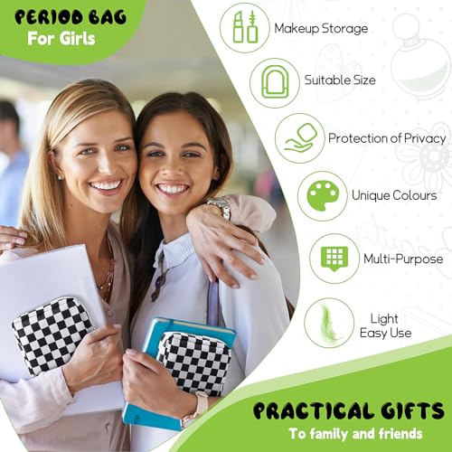 Image of Sanitary Pad Storage Bag Portable Period Bag for Teen Pads /Sanitary Napkins /Small Tampons, Sanitary Napkin Storage Bag First Period Gifts for Teen Girls (Black-white Check)