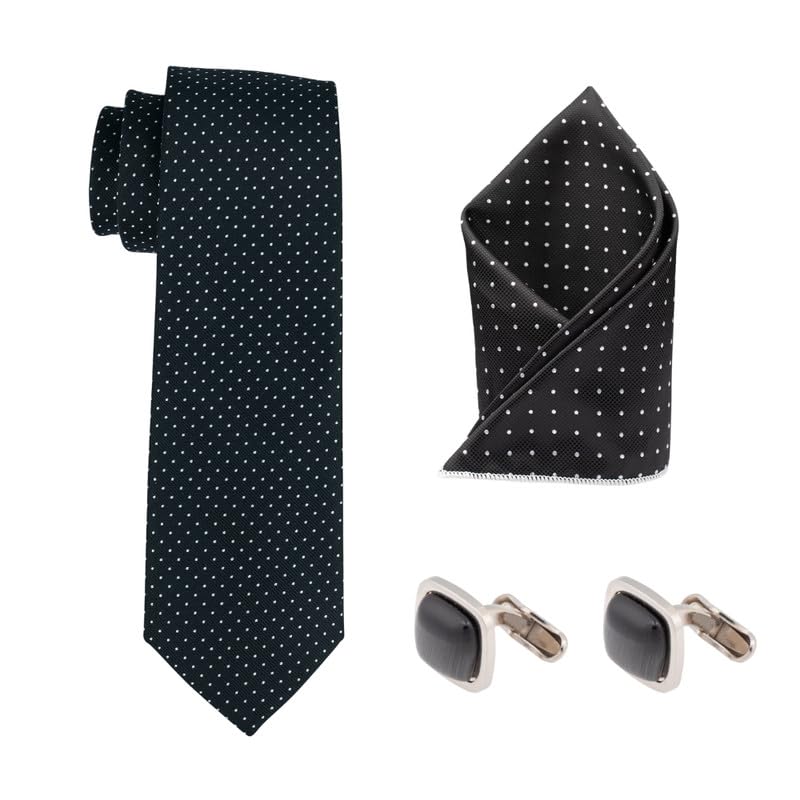 the tie hub Black Polka Microfiber Necktie with Black Enamel Cufflinks & Matching Pocket Square Combo for Men-picture-10