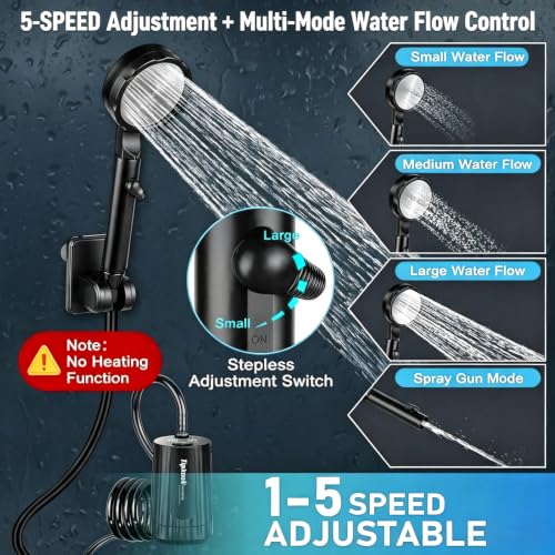 Ducha portátil para camping: ducha recargable de 10000 mAh, impermeable IPX8, bomba de ducha para campamento de alta presión, 5 velocidades con pantalla LED, regalo para camping, baño de perros, senderismo miniatura 4