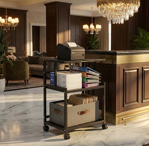 Image of Premium Metal Iron Black Printer Stand with Wheels - Heavy-Duty & Stylish Storage Solution for Files, and Essentials - Durable, Modern & Perfect for Homes & Offices. (Black)