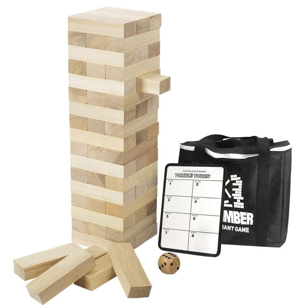 Gentle Monster Giant Tumble Tower with Dice & Game Board, 56 Pcs Large Size Wooden Stacking Game, Classic Outdoor Games for Adult Kids Family (Jumbo 56pc)