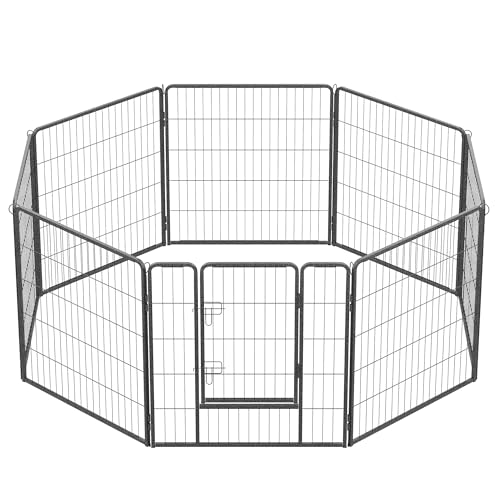 Feandrea Freilaufgehege, Laufstall DIY, mit 8 Gitterplatten je 77 x 80 cm, 2 L-förmige Riegel, transportabel, für innen und außen, extra große Haustiere ohne Halsband, grau PPK88G