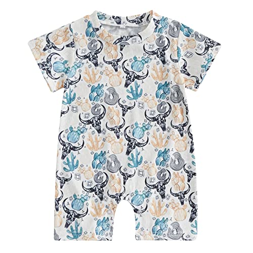 Image of Muasaaluxi Western Baby Girl Boy Clothes Short Sleeve Cow Print Romper One Piece Bodysuit Shorts Summer Outfit