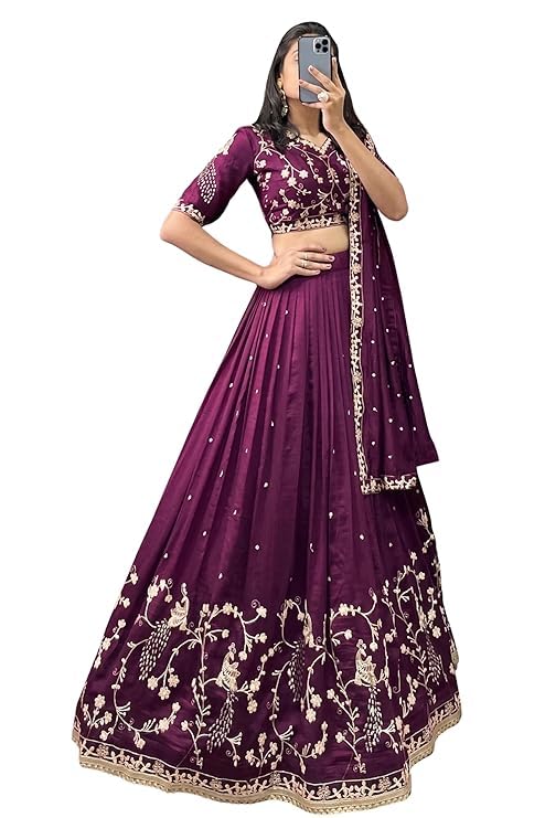 Women's Designer Embroidered Sequence Vichitra Silk Semi-Stitched Lehenga Choli with Dupatta | Wedding, Party & Festive Wear | Wine (DARK PURPLE) | Elegant Embroidered Sequence-image-16