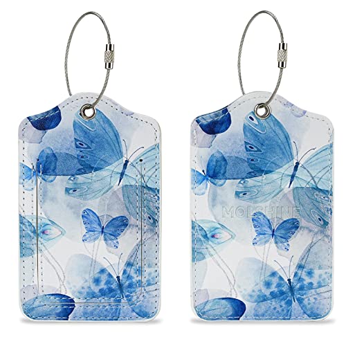 MOLSHINE Lot de 2 étiquettes à bagages en cuir,étiquette d'identification avec boucle en acier inoxydable avec nom et adresse pour sac de voyage,valise,femme,homme,voyage (Papillon) Cover