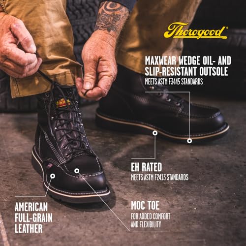 Image of Thorogood American Heritage 6 inch Moc Toe Work Boots for Men - Soft Toe, Premium Full-Grain Leather with Slip-Resistant Wedge Outsole and Comfort Insole; EH Rated