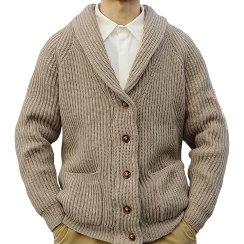 Mens Shawl Collar Knitted Cardigan Men Button Down Open Front Ribbed Knit Sweater Khaki Knitwear with Pocket