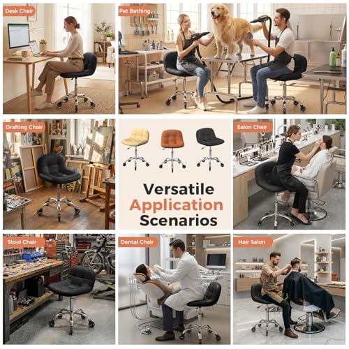 Image of Rolling Stool Chair with Wheels, Height Adjustable Stool with Back Support, Office Drafting Chair with PU Leather Cushion for Home Office Kitchen Vanity Salon Garage Tattoo Dentist Esthetician(Black)