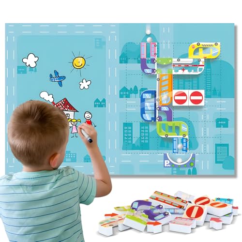 ROHSCE Marble Run for Kids, Vertical Magnetic Marble Maze Track with Doodle Board & Residue-Free Nano-Adhesive, STEM Explorers Brain Teaser Toy for Boys Girls Ages 3-12, Creative Thinking Games Gifts