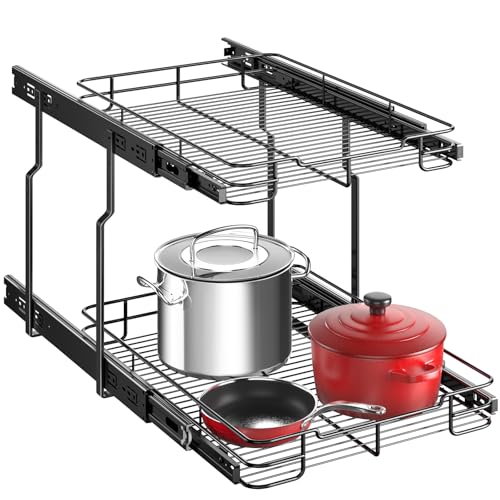 Delamu Pull Out Cabinet Organizer 2-Tier 14″ W x 21″ D Heavy Duty Chrome-Plated Slide Out Drawers, Kitchen Drawer Organizer Pull Out Shelves for Pots & Pans, Home Pantry Cans & Spices, Black