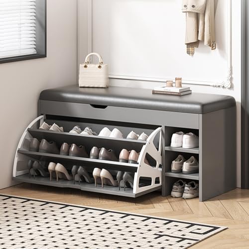 Banc à chaussures avec coffre de rangement relevable et tiroir rabattable gris 100 cm