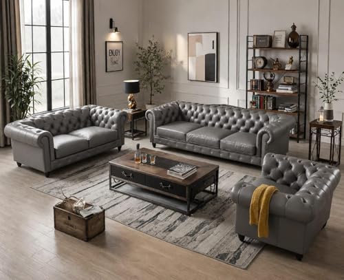 Image of UMAR ARTS Luxury Chesterfield Leatherate Sofa Set, Tufted Genuine Leatherate, Classic Living Room Furniture (Grey 3+2+1)