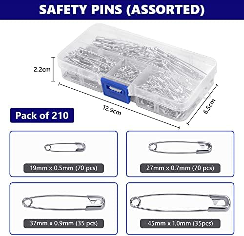SPINBUZZ Safety Pins 4 Sizes Pack of 210 Nickle Plated Rust Resistant Steel Strong Quality Pins For Clothing, Arts & Crafts, Sewing and Pinning
