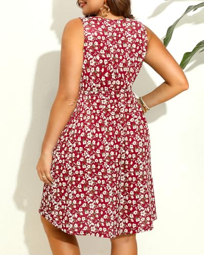 Image of Pinup Fashion Plus Size Summer Sun Casual Tank Pocket A-Line Short Dress | Knit, round neck, sleeveless tank top, empire waist, button details, swing short dress, suitable for summer, vacation, casual