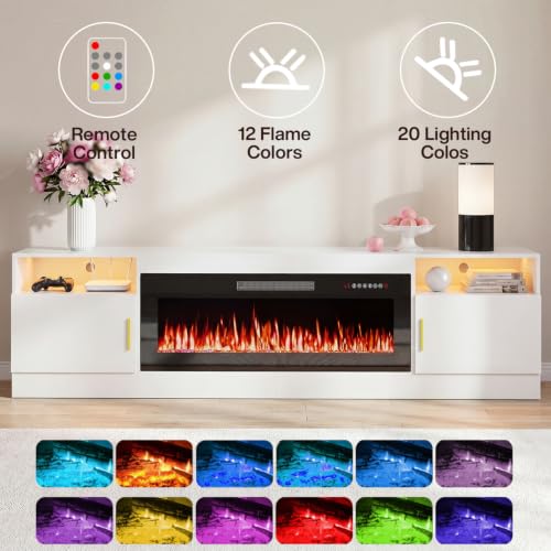 Image of Waleaf 80 inch Fireplace TV Stand with 40 inch Electric Fireplace,20 Colors LED Lights Entertainment Center for Living Room,Large High Gloss TV Console Cabinet for Televisions up to 90+ Inch