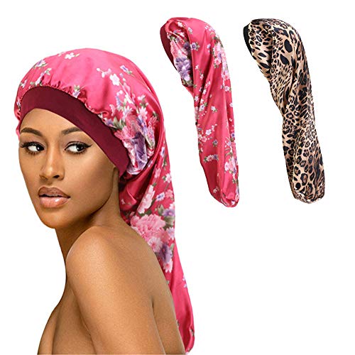 Extra Long Satin Bonnet Sleep Cap Long Bonnet for Braids Hair Loose Cap (Red Flowers+Leopard)