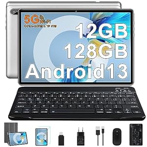 FACETEL Tablet 10 Pulgadas Android 13 Tablet Octa-Core 2.0 GHz, 12GB RAM + 128GB ROM (1TB TF), 5G WiFi, Bluetooth 5.0, 5MP+8MP, HD IPS, Facciale ID, Widevine L1, Tablet con Teclado y Raton – Plateado