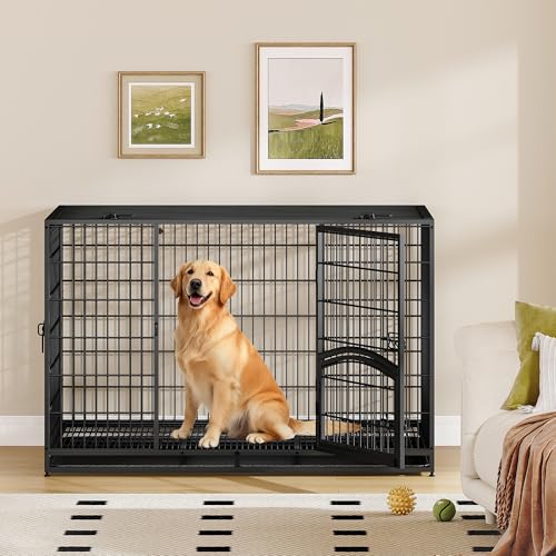 Fobyfurny Hundekäfig Hochbelastbar, XXL Gitterbox für Zuhause, 4-Türiger Hundebox Metall mit Seitentür und Herausnehmbares Bodenschale, Leicht zu Reinigen, Haustierkäfig, Schwarz, 122 x 74,5 x 80,5 cm