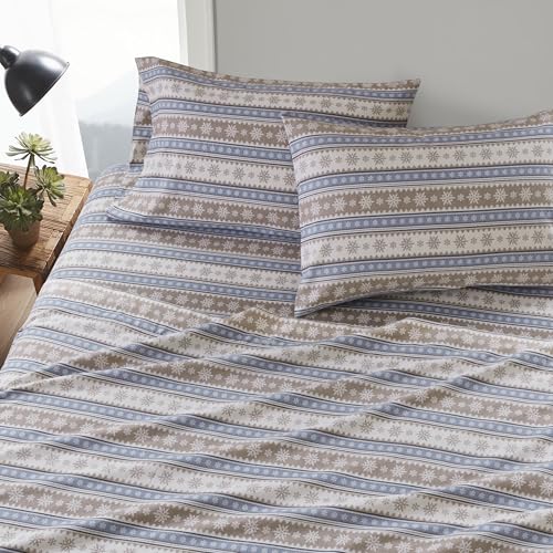 Image of Woolrich Cotton Sheet Set Cottage Charms Print, 100% Cotton Flannel Sheets Warm & Fuzzy Bedding Set King Size Sheets, Fitted Pocket Fits Up to 14 inch Mattress, King Blue Snowflake, 4 Piece