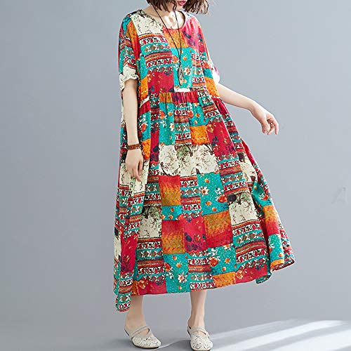 Loijon Mulheres Plus Size Vestido de Linho de Algodão Bloco de Cor Com Decote Em V Longo Maxi Plissa