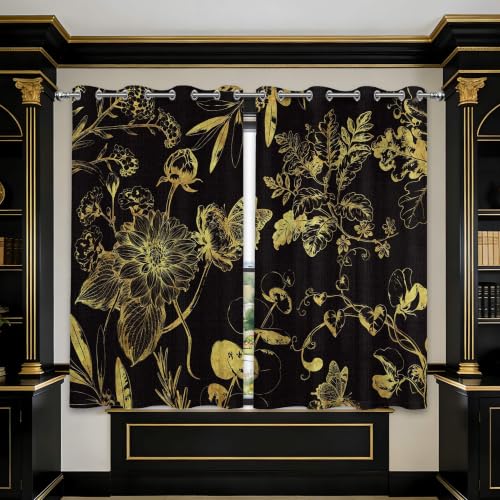 Black Gold Blackout Curtains, Vintage Drapes 63 inches length, 2 Panels
