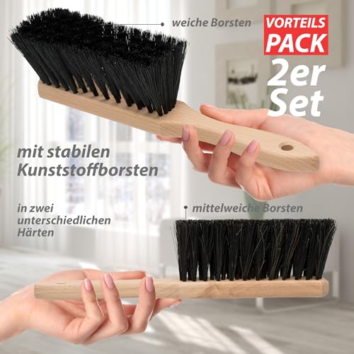 Hausfelder Handfeger Set 2er – Mini Handbesen aus Holz mit weichen Borsten, Kleiner Handfeger für Glatte Böden, Kehrbesen klein, Handbesen Holz
