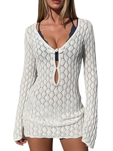MakeMeChic Women's Crochet Beach Cover Ups Bathing Suit Swimsuit Coverup Mini Dress White Small