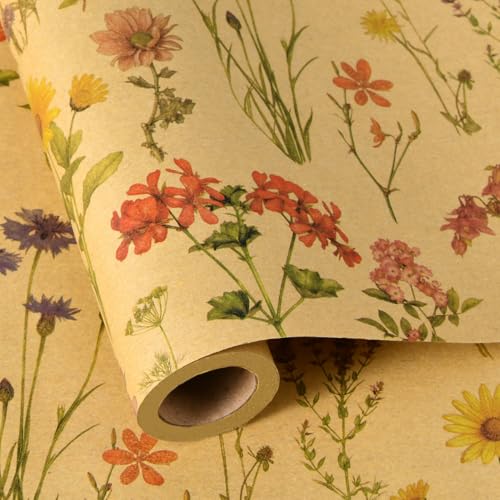 Sikiweiter Vintage Floral Wrapping Paper Roll - 17 inches x 16.5 feet - Kraft Paper with Wildflower Design for Mothers Day, Weddings, Birthday (Wild Flower)
