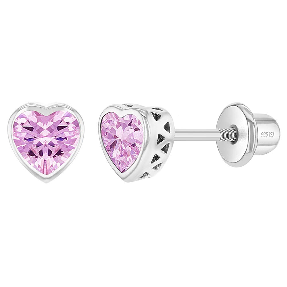 In Season JewelryPlata Fina 925 Pendientes con Cierre de Rosca de Seguridad de Corazón para Niñas con Bisel de Diamante de imitacion de Circonia para Bebés, Niñas y Niñas Pequeñas