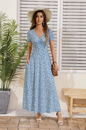 Image of HUHOT Women's Short Sleeve Wrap V Neck Dresses for Wedding Guest Summer Floral Maxi Sundresses with Pockets Boho Dress