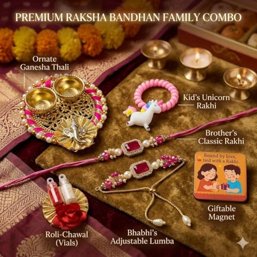 Image of SAUDEEP INDIA Decorative Fridge Magnet for Refrigerator Decor | Free Family Rakhi Set for Bhaiya Bhabhi Kid | Raksha Bandhan Gift Combo | Cotton Thread Rakhi Festive Gift Home Decor(Family Combo)