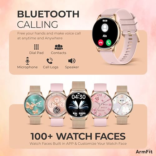 Image of ArmFit Queen Smart Watch With AMOLED Always On Display Smart Watch For Women, BT Calling Waterproof Fitness Watch With Heart Sleep Monitor For Android iOS, Gold