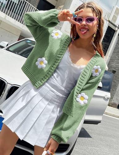 Arssm Y2K Womens Flower Cardigan Sweater Long Sleeve Knit Cropped Cardigan Open Front Cute Shrug Fall Sweater 90s Outfits2