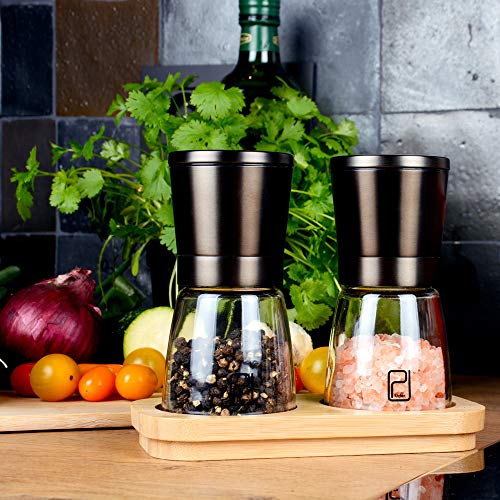PJCKitchen Schwarzes Edelstahl Gewürzmühle Set mit Ständer aus Bambus - Rotmetallgrauen Salz- und Pfeffermühlen mit… - Image 6
