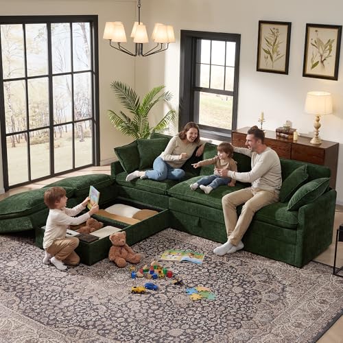 Image of Ihanherry 103 inch Modular Sectional Sofa with Storage, U Shaped Cloud Couch with Movable Ottomans & 4 Pillows, Chenille Deep Seat Sectional Couches for Living Room, Apartment (Green)