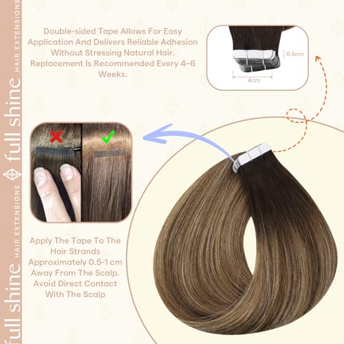 Image of Full Shine Tape in Extensions, Dark Brown Caramel Blonde Ombre 12 Inch | 30g 20PCS, Invisible Tape in Hair Extensions, Double Sided Design Soft Chestnut Honey Blend Party Styling with Natural Volume