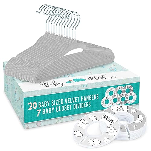 Image of Baby Nest Designs 20x Baby Hangers for Closet with 7X Baby Closet Dividers for Nursery Velvet Baby Clothes Hangers Unisex Newborn Essentials Baby Size Organizer for Infant Clothing to 24 Months