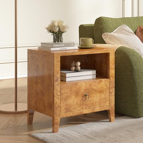 Image of AMERLIFE Nightstand Set of 2, Mid Century Modern Bedside Table with Drawer and Open Shelf, High Gloss Burl Wood Night Stand for Bedroom, Retro Yellow Wood Grain