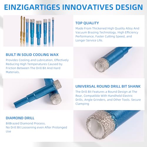 8 Stück Fliesenbohrer Glasbohrer Set, 5/6/8/10/12/14mm Diamant Fliesenbohrer Set und 2 Stück 6mm Metall Bohren, Diamantbohrer, Diamant Bohrer Fliesen für Glas, Porzellan, Keramik, Granit