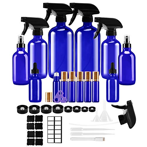 Glass Spray Bottles Kits,Blue Roller Bottles for Essential Oils(16oz 8oz 4oz 2oz Dropper Bottle) x 2,10 ml Roller Bottle x 6 for Cleaning Solutions