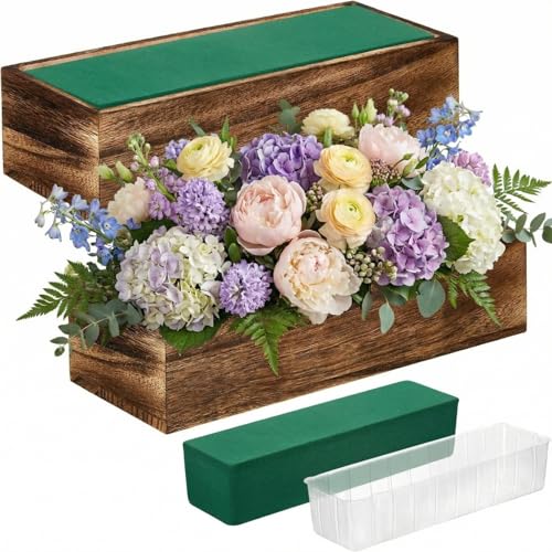 Dandat 2 Set Wood Boxes for Centerpieces 12x4 Inch Rectangle Wooden Planter Box Rustic Wood Planter with Removable Plastic Liner Floral Foam Blocks for Centerpieces Home Wedding Garden Decor