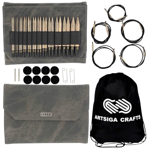 Lykke Driftwood 5 in. Complete Set US Sizes 4, 5, 6, 7, 8, 9, 10, 10.5, 11, 13, 15, 17 Interchangeable Circ. Knitting Needles for DK, Worsted, Chunky Yarns, Birch, 5 Cords, Grey DM Case, Project Bag