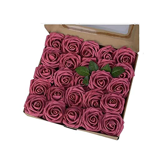 Ttiy Flores artificiales, 25 rosas falsas para decoración de bodas, ramo de boda para decoración de fiestas (vino)