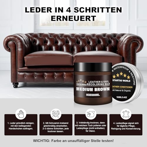 STARTSO WORLD Leder Reparatur Set Medium Braun mit Lederfett, 200ml Flüssigleder, Lederfarbe, Lederpflege Auto, Leder- & Vinyl-Reparaturset für Möbel, Couchen, Sofas, Autositze, Schuhe