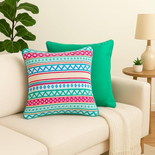 Image of Pack of 1 Reversible 20x20 Inch Boho Green Cotton Woven Fashion Throw Pillow Covers Cases for Couch Sofa Home Decoration | 50 x 50 cm