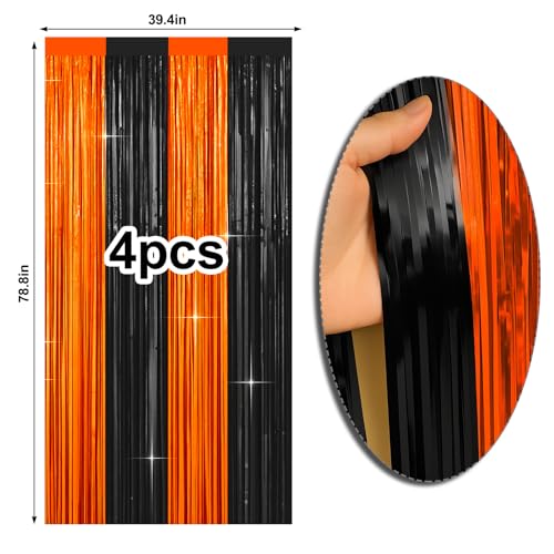Image of 4 Packs Halloween Foil Fringe Curtain, Orange and Black Metallic Tinsel Backdrop for Birthday, Baby Shower, Bachelorette, Halloween Party Decorations Favors Supplies Indoor Outdoor