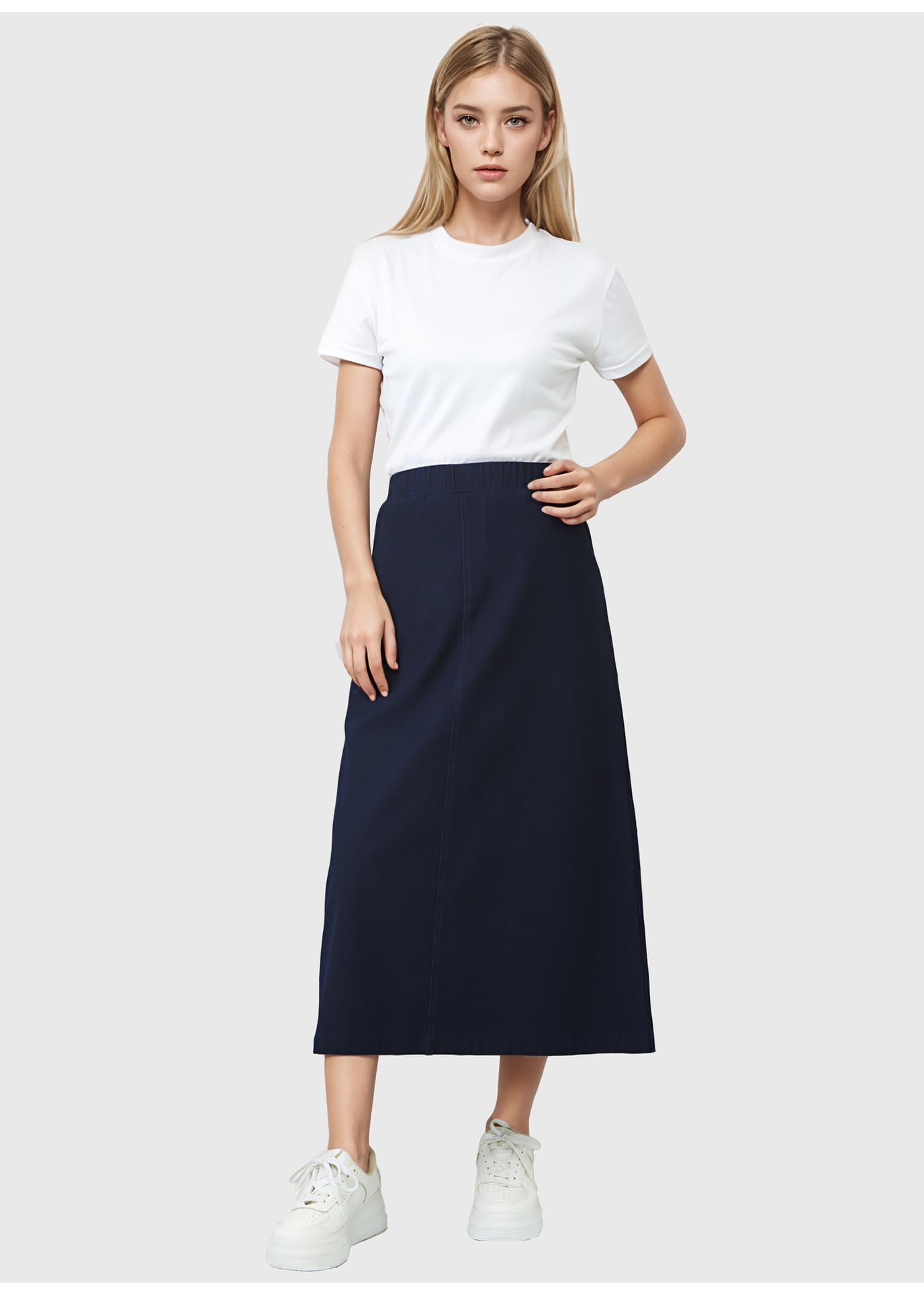 Faldas Vaqueras para Mujer, Mezclilla Lavada Azul Oscuro, Cintura Alta Elástica, Bolsillo Trasero, Faldas Midi De Corte A, Verano, Casual, Diario, Salidas, Elegantes, Parte Inferior